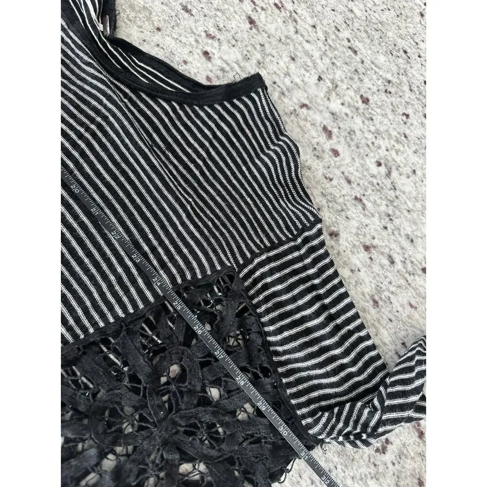 Free People Black White Striped Knit Lace Trim Scoop Neck Dolman Tunic L
